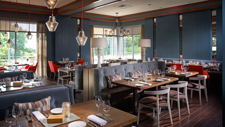 Walnut and steel dining tables, Bleu Restaurant, Burlington, VT Waterfront